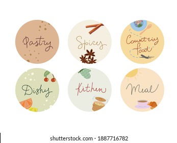 Vector highlights cover icon set for social media stories. Set of cooking icon. Design templates for lifestyle, travel and food bloggers and photographers, designers.