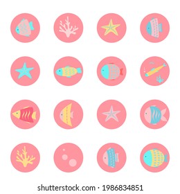 Vector highlights cover icon set for social media stories: underwater world. Collection  of round templates for bloggers. Simple flat design with fish, starfishes, corals, and bubbles.