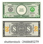 Vector highly detailed fictional beautiful 20 US dollar banknote. Obverse and reverse of American bill with guilloche patterns. Empty circle in center. Sample, your image. Twenty dollars.