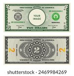 Vector highly detailed fictional beautiful 2 US dollar banknote. Obverse and reverse of American bill with guilloche patterns. Empty circle in center. Sample, your image. Two dollars.