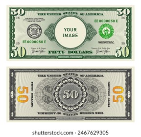 Vector highly detailed fictional beautiful 50 US dollar banknote. Obverse and reverse of American bill with guilloche patterns. Empty circle in center. Sample, your image. Fifty dollars.