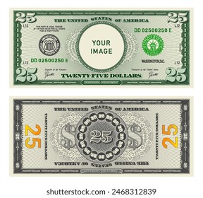 Vector highly detailed fictional beautiful 25 US dollar banknote. Obverse and reverse of American bill with guilloche patterns. Empty circle in center. Sample, your image. Twenty five dollars.