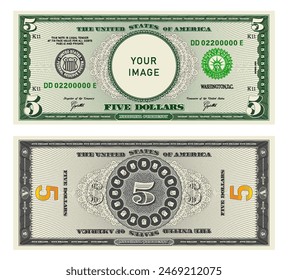 Vector highly detailed fictional beautiful 5 US dollar banknote. Obverse and reverse of American bill with guilloche patterns. Empty circle in center. Sample, your image. Five dollars.