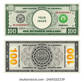 Vector highly detailed fictional beautiful 100 US dollar banknote. Obverse and reverse of an American bill with guilloche patterns. Empty circle in center. Sample. One hundred dollars.