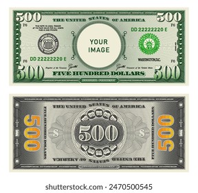 Vector highly detailed fictional beautiful 500 US dollar banknote. Obverse and reverse of American bill with guilloche patterns. Empty circle in center. Sample, your image. Five hundred dollars.