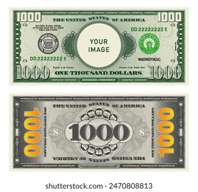 Vector highly detailed fictional beautiful 1000 US dollar banknote. Obverse and reverse of American bill with guilloche patterns. Empty circle in center. Sample, your image. One thousand dollars.