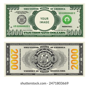 Vector highly detailed fictional beautiful 2000 US dollar banknote. Obverse and reverse of American bill with guilloche patterns. Empty circle in center. Sample, your image. Two thousand dollars.