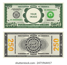 Vector highly detailed fictional beautiful 250 US dollar banknote. Obverse and reverse of American bill with guilloche patterns. Empty circle in center. Sample, your image. Two hundred fifty dollars.