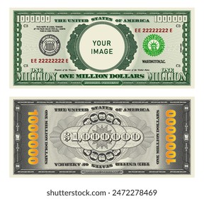 Vector highly detailed fictional beautiful 1000000 US dollar banknote. Obverse and reverse of American bill with guilloche patterns. Empty circle in center. Sample, your image. One million dollars.