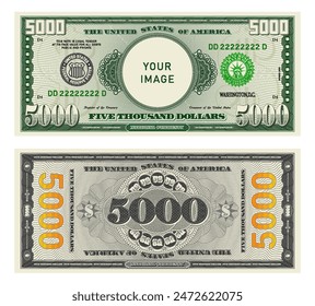 Vector highly detailed fictional beautiful 5000 US dollar banknote. Obverse and reverse of American bill with guilloche patterns. Empty circle in center. Sample, your image. Five thousand dollars.