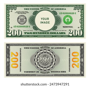 Vector highly detailed fictional beautiful 200 US dollar banknote. Obverse and reverse of American bill with guilloche patterns. Empty circle in center. Sample, your image. Two hundred dollars.