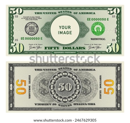 Vector highly detailed fictional beautiful 50 US dollar banknote. Obverse and reverse of American bill with guilloche patterns. Empty circle in center. Sample, your image. Fifty dollars.