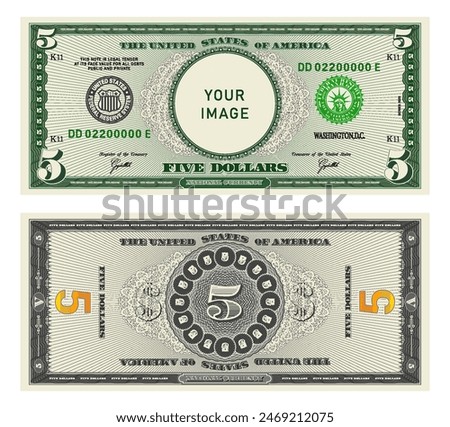 Vector highly detailed fictional beautiful 5 US dollar banknote. Obverse and reverse of American bill with guilloche patterns. Empty circle in center. Sample, your image. Five dollars.