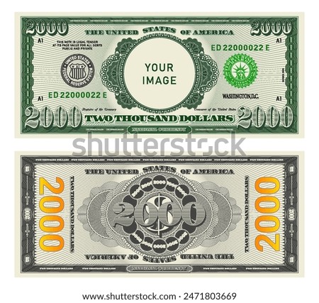 Vector highly detailed fictional beautiful 2000 US dollar banknote. Obverse and reverse of American bill with guilloche patterns. Empty circle in center. Sample, your image. Two thousand dollars.