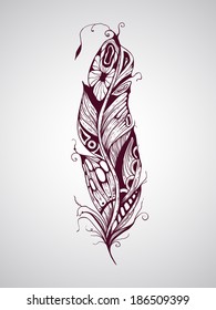 Vector highly detailed hand drawn tattoo feather