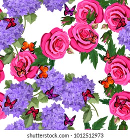 Vector highly detailed illustration of hydrangea and rose flowers. Can be used as wedding element, design for cosmetics, perfume, beauty care products