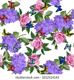 Vector highly detailed illustration of hydrangea and rose flowers. Can be used as wedding element, design for cosmetics, perfume, beauty care products