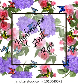 Vector highly detailed illustration of hydrangea and rose flowers. Can be used as wedding element, design for cosmetics, perfume, beauty care products