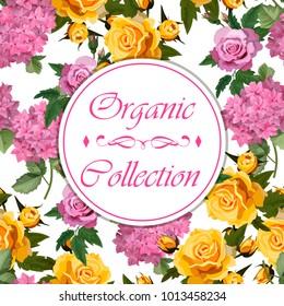 Vector highly detailed illustration of hydrangea and rose flowers. Can be used as wedding element, design for cosmetics, perfume, beauty care products