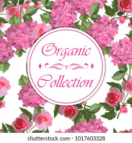 Vector highly detailed illustration of hydrangea and rose flowers. Can be used as wedding element, design for cosmetics, perfume, beauty care products