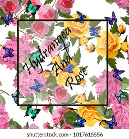Vector highly detailed illustration of hydrangea and rose flowers. Can be used as wedding element, design for cosmetics, perfume, beauty care products