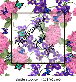 Vector highly detailed illustration of hydrangea and iris flowers. Can be used as wedding element, design for cosmetics, perfume, beauty care products