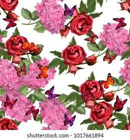 Vector highly detailed illustration of hydrangea and rose flowers. Can be used as wedding element, design for cosmetics, perfume, beauty care products