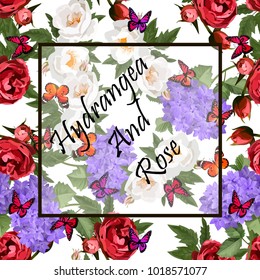 Vector highly detailed illustration of hydrangea and rose flowers. Can be used as wedding element, design for cosmetics, perfume, beauty care products