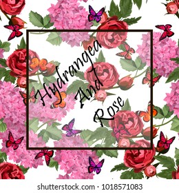 Vector highly detailed illustration of hydrangea and rose flowers. Can be used as wedding element, design for cosmetics, perfume, beauty care products