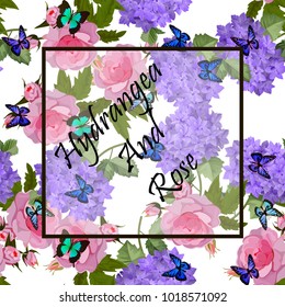 Vector highly detailed illustration of hydrangea and rose flowers. Can be used as wedding element, design for cosmetics, perfume, beauty care products