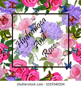 Vector highly detailed illustration of hydrangea and rose flowers. Can be used as wedding element, design for cosmetics, perfume, beauty care products
