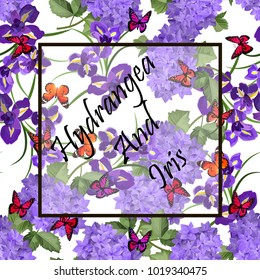 Vector highly detailed illustration of hydrangea and iris flowers. Can be used as wedding element, design for cosmetics, perfume, beauty care products
