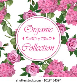 Vector highly detailed illustration of hydrangea and rose flowers. Can be used as wedding element, design for cosmetics, perfume, beauty care products