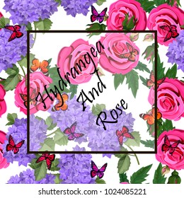 Vector highly detailed illustration of hydrangea and rose flowers. Can be used as wedding element, design for cosmetics, perfume, beauty care products