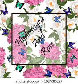 Vector highly detailed illustration of hydrangea and rose flowers. Can be used as wedding element, design for cosmetics, perfume, beauty care products