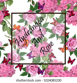 Vector highly detailed illustration of hydrangea and rose flowers. Can be used as wedding element, design for cosmetics, perfume, beauty care products
