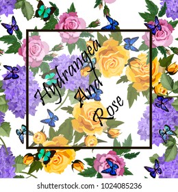 Vector highly detailed illustration of hydrangea and rose flowers. Can be used as wedding element, design for cosmetics, perfume, beauty care products