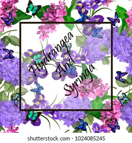 Vector highly detailed illustration of hydrangea and syringa flowers. Can be used as wedding element, design for cosmetics, perfume, beauty care products