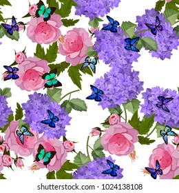 Vector highly detailed illustration of hydrangea and rose flowers. Can be used as wedding element, design for cosmetics, perfume, beauty care products