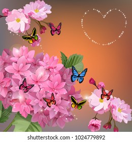 Vector highly detailed illustration of hydrangea and cherry flowers. Great for wedding or valentines cards. Cosmetics element