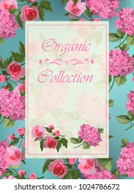 Vector highly detailed illustration of hydrangea and rose flowers. Can be used as wedding element, design for cosmetics, perfume, beauty care products