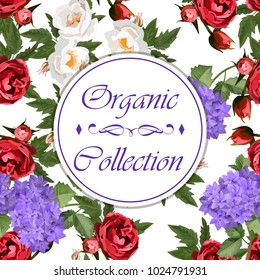 Vector highly detailed illustration of hydrangea and rose flowers. Can be used as wedding element, design for cosmetics, perfume, beauty care products