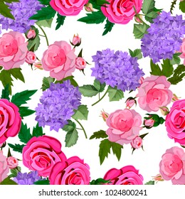 Vector highly detailed illustration of hydrangea and rose flowers. Can be used as wedding element, design for cosmetics, perfume, beauty care products