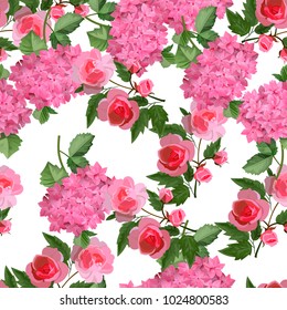 Vector highly detailed illustration of hydrangea and rose flowers. Can be used as wedding element, design for cosmetics, perfume, beauty care products