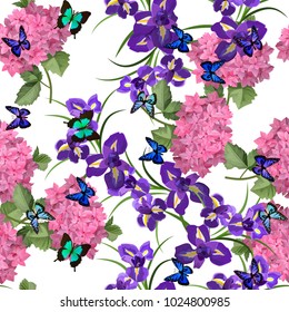 Vector highly detailed illustration of hydrangea and iris flowers. Can be used as wedding element, design for cosmetics, perfume, beauty care products