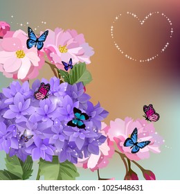 Vector highly detailed illustration of hydrangea and cherry flowers. Great for wedding or valentines cards. Cosmetics element