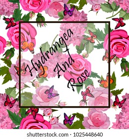 Vector highly detailed illustration of hydrangea and rose flowers. Can be used as wedding element, design for cosmetics, perfume, beauty care products