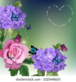 Vector highly detailed illustration of hydrangea and rose flowers. Can be used as wedding element, design for cosmetics, perfume, beauty care products