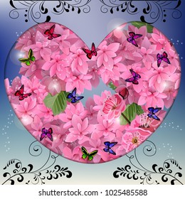 Vector highly detailed illustration of hydrangea and cherry flowers. Great for wedding or valentines cards. Cosmetics element