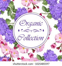 Vector highly detailed illustration of hydrangea and cherry flowers. Can be used as wedding element, design for cosmetics, perfume, beauty care products